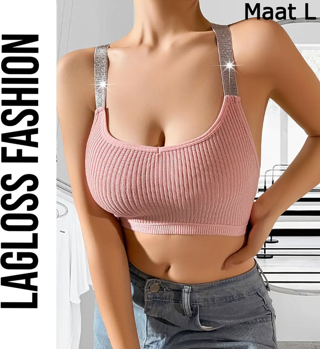 LaGloss® Roze Top met Glitter Schouder Bandjes – Geribbeld, Elastisch & Ademend Tank Top – Maat L