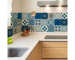 Zelfklevende tegelmuurstickers voor keuken en badkamer - 9 cementtegelstickers, Azulejos-stijl, Sofina - 9 stickers, 10x10 cm