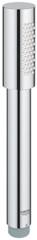 Glanzende chroomkleurige GROHE handdouche met cirkelvormig sproeigebied.