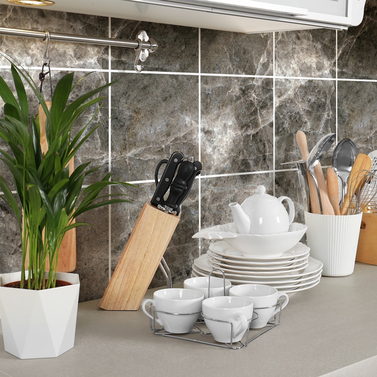 Ambiance Sticker Zelfklevende tegelmuurstickers voor keuken en badkamer - 9 cementtegelstickers, Poitiers marmer - 9 stickers, 15x15cm Multi color