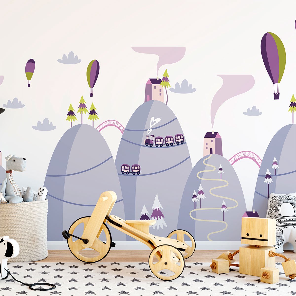 Ambiance Sticker Scandinavische bergstickers met heteluchtballonnen in de lucht, 50 x 75 cm Multi color