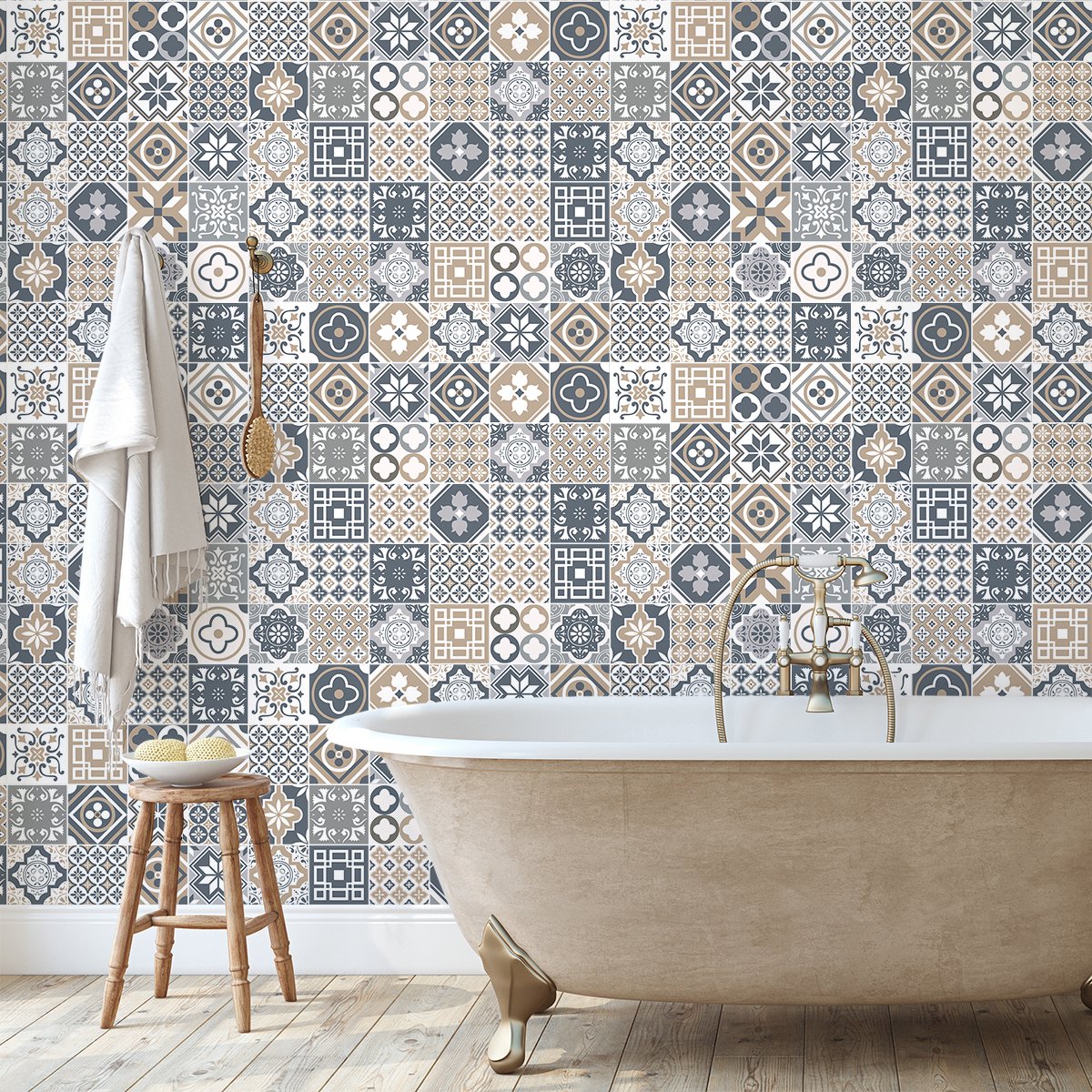 Ambiance Sticker Zelfklevende tegelmuurstickers voor keuken en badkamer - 60 GEOLINA cementtegelstickers - 60 stickers 10x10cm Multi color