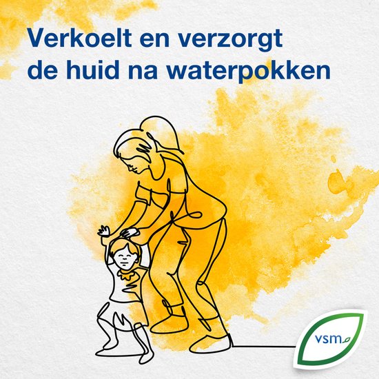 Illustratie van een moeder die een kind vasthoudt met waterpokken, op een gele achtergrond. "Verkoelt en verzorgt de huid na waterpokken".