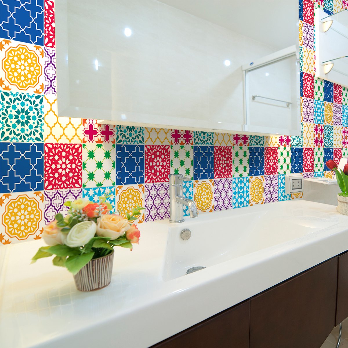 Ambiance Sticker Zelfklevende tegelmuurstickers voor keuken en badkamer - 24 Azulejos Cypria cementtegelstickers - 24 stickers, 20x20cm Multi color