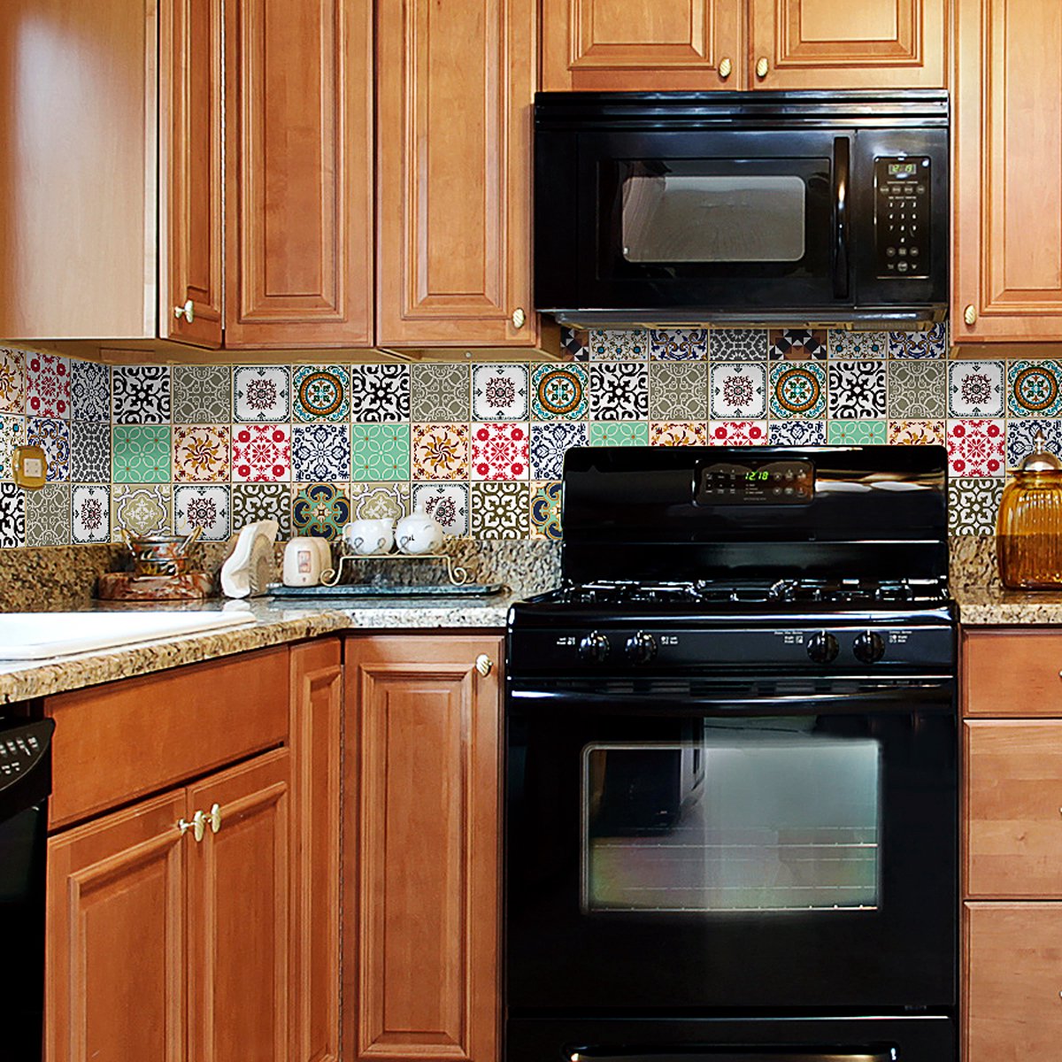 Ambiance Sticker Zelfklevende tegelmuurstickers voor keuken en badkamer - 16 kleurrijke tegels in Azulejos-stijl - 16 stickers van 15x15 cm Multi color