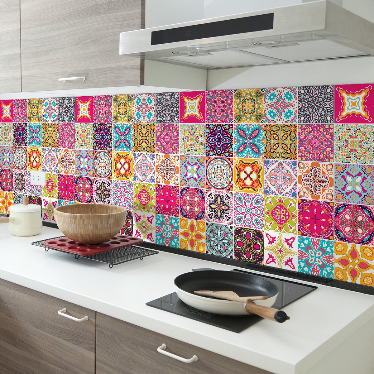 Ambiance Sticker Zelfklevende tegelmuurstickers voor keuken en badkamer - 30 cementtegelstickers, Azulejos Anastasia - 30 stickers, 20x20cm Multi color