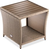 Vierkante crème bijzettafel met houten tafelblad. Rietlook polyrattan. Gemonteerd op vier kleine zwarte pootjes.