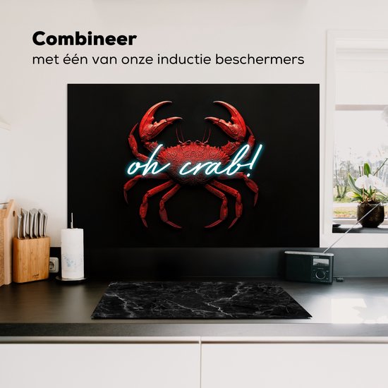 Crédence de Cuisinière en Aluminium 100x65 cm - Crabe - Rouge - Néon - Citation - Écran Pare-éclaboussures pour Plaque de Cuisson - Protection Murale