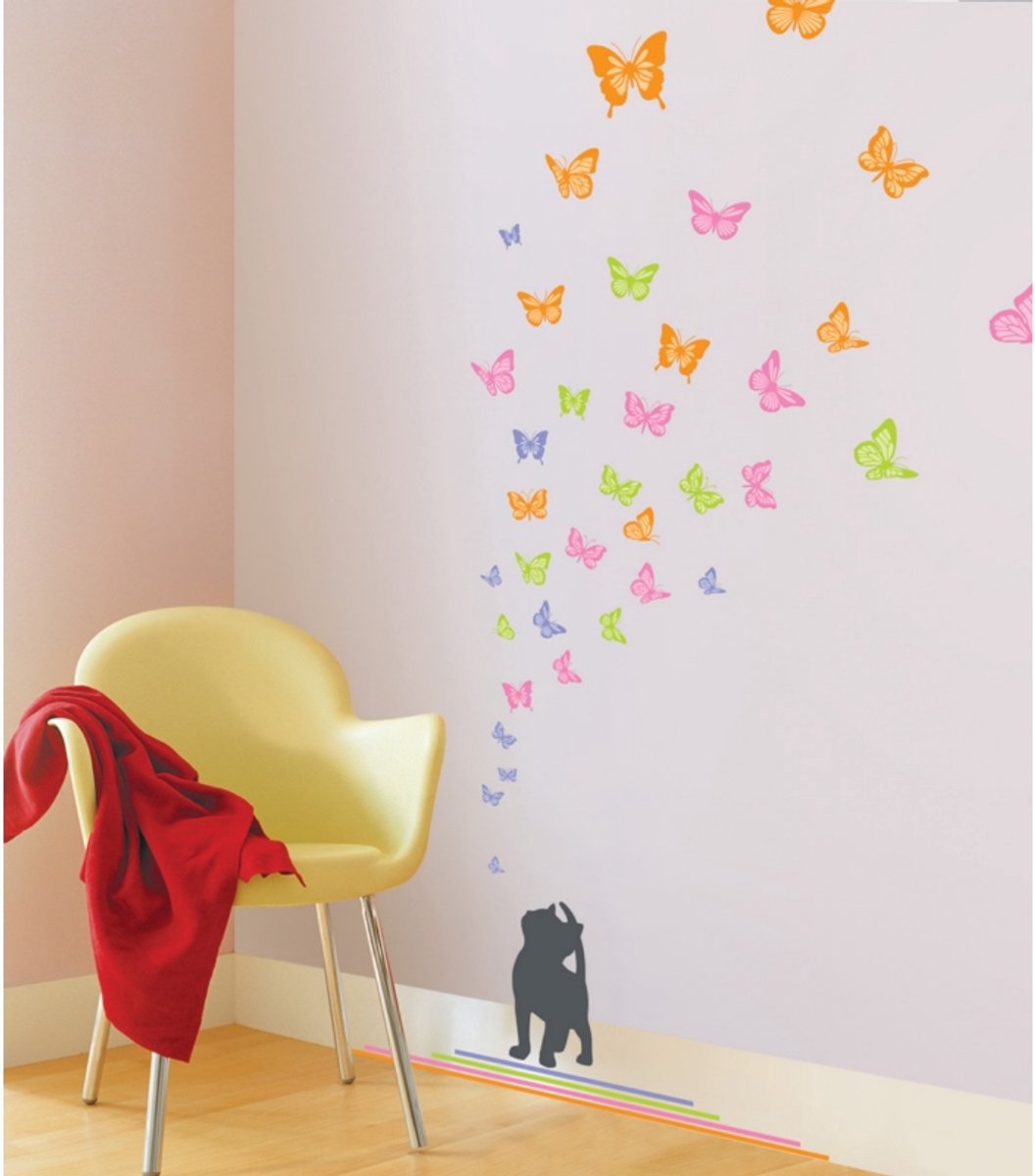 Ambiance Sticker Decoratieve muurstickers met een kat en vlinders Multi color