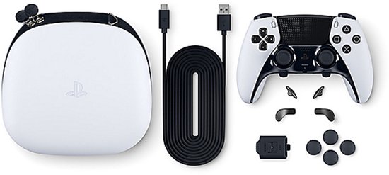 Witte draagtas, controller, kabel en accessoires voor de PlayStation 5 DualSense Edge.