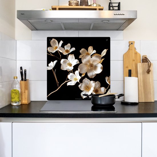 KitchenYeah® Inductie beschermer 78x78 cm - Bloemen - Wit - Goud - Kookplaataccessoires - Afdekplaat voor kookplaat & Spatscherm achterwand - Inductiebeschermer - Inductiemat - Inductieplaat mat - Keuken decoratie