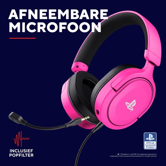 Roze gaming headset met afneembare microfoon en popfilter.
