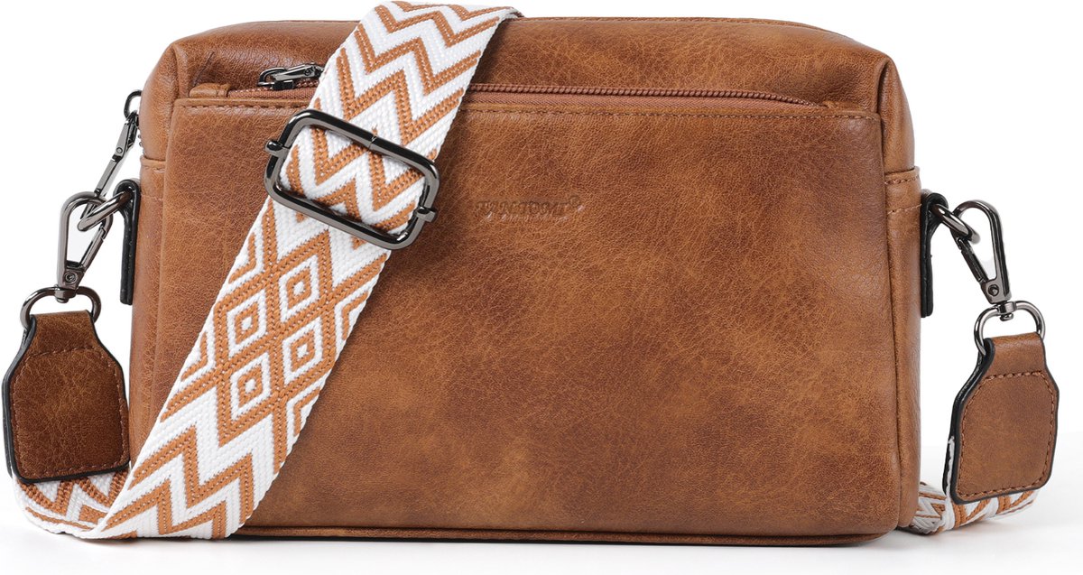 TAN.TOMI - Crossbody Tas - Dames Klein Schoudertasje - 4 vakken - Tassenriem Zwart/Wit - Lichtbruin