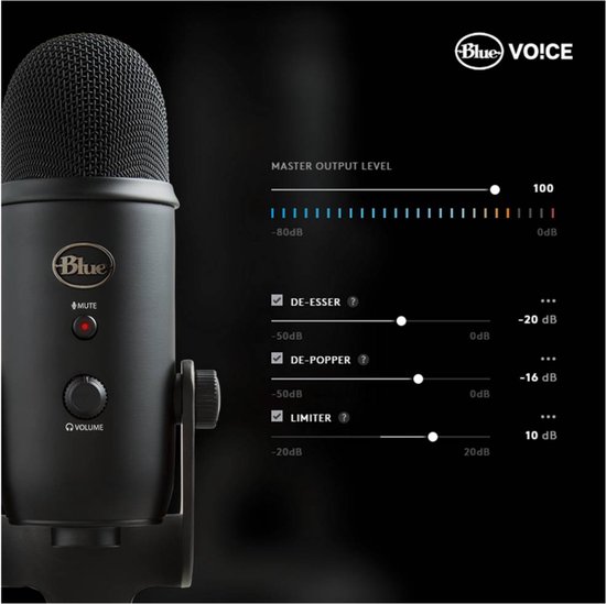 Microphone Blue Yeti noir avec réglages logiciels "NIVEAU DE SORTIE PRINCIPALE"