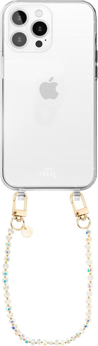 xoxo Wildhearts siliconen hoesje geschikt voor iPhone 14 Pro Max hoesje - Crystal (Transparant) - Telefoonhoesje - Hoesje met koord - Kristal ketting - Kristallen met gouden details - kort telefoonkoord - Transparant hoesje