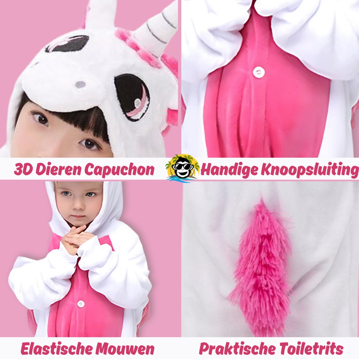 BoefieBoef Kinder Onesie Unicorn – Peuter & Kleuter Pyjama 2-5 Jaar – Dieren Verkleedpak – Flanel Jumpsuit met Capuchon – Knuffelpak & Huispak – Zwemles – Carnaval, Halloween & Sinterklaas Cadeau – Jongens & Meisjes 95-110 cm - Eenhoorn Roze Wit — afbeelding 8