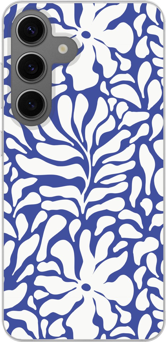 Telefoonhoesje samsung Galaxy S24 hoesje - Bloemen patroon - Blauw - Wit - Bladeren - Siliconen Telefoonhoesje Telefoonhoesje