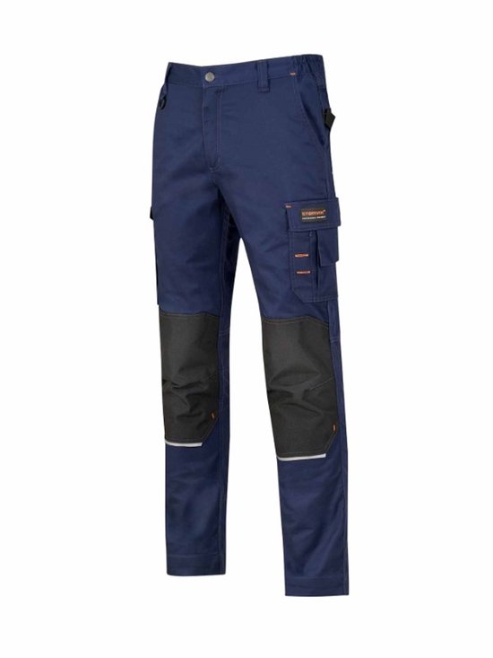 Pantalon de travail bleu marine avec genouillères noires renforcées, poches cargo et passepoils réfléchissants.