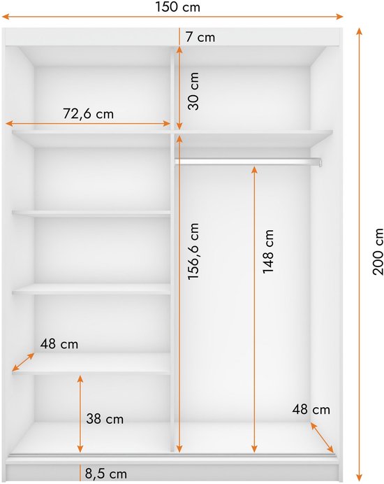 Schuifdeurkast LARA 01 – 2-deurs kledingkast met spiegel, legplanken en kledingroede – modern design – 150x200x61 cm - LARA 01 (Sonoma + Wit)