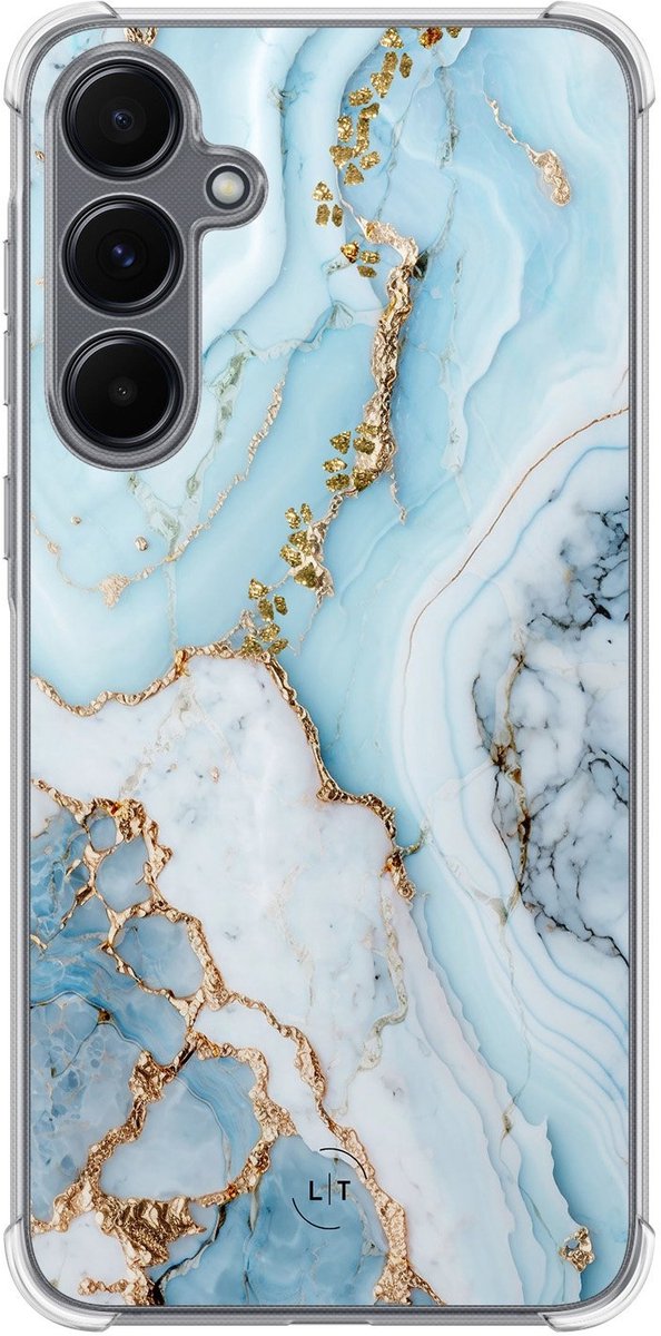 Shockproof hoesje - Geschikt voor Samsung Galaxy A15 - Marmer babyblauw - Extra sterke case - TPU/polycarbonaat - Marmer - Blauw, Transparant