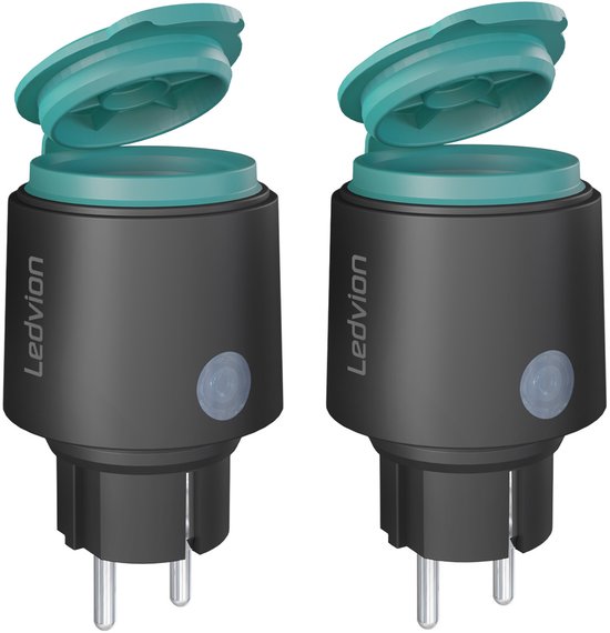 Twee zwarte Ledvion slimme stekkers met turquoise deksels op een witte achtergrond.