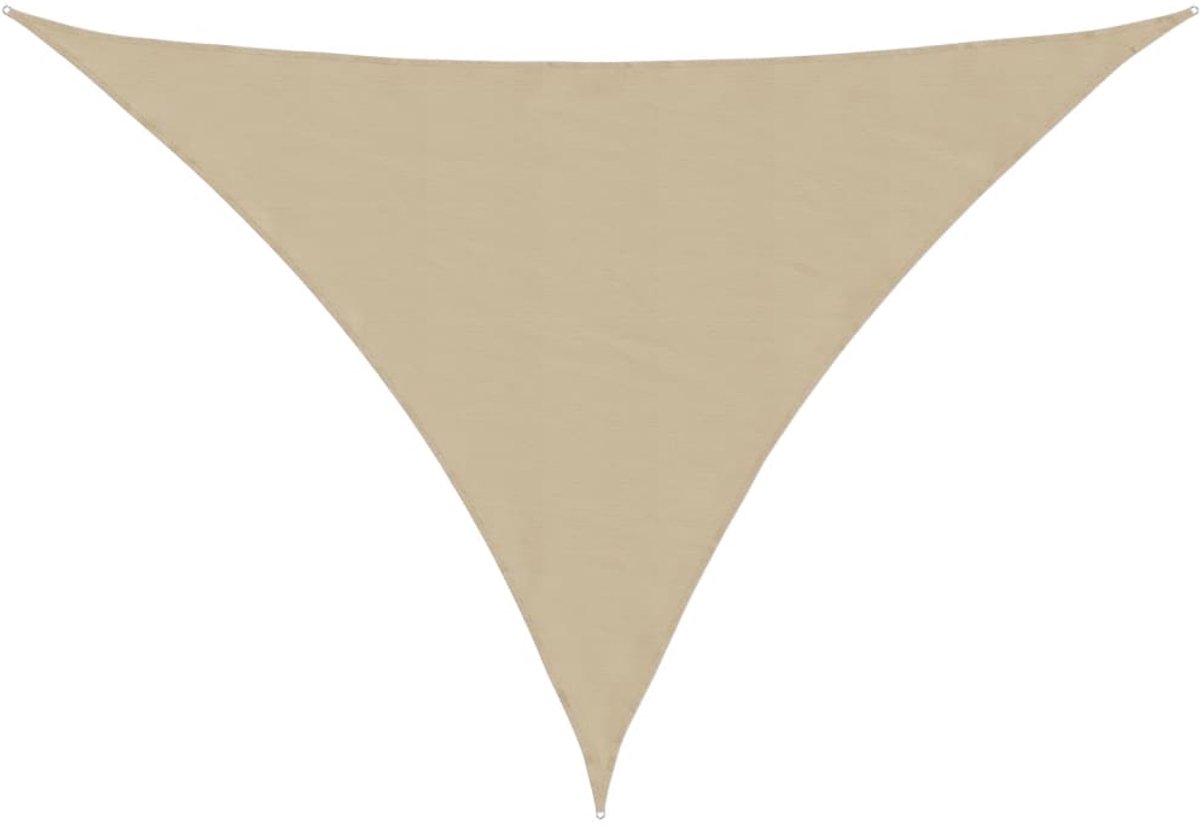 Driehoekig zonnescherm van 100% beige polyester oxford, 7x5x5 m, ideaal voor tuinverwarming en buitenverblijf.