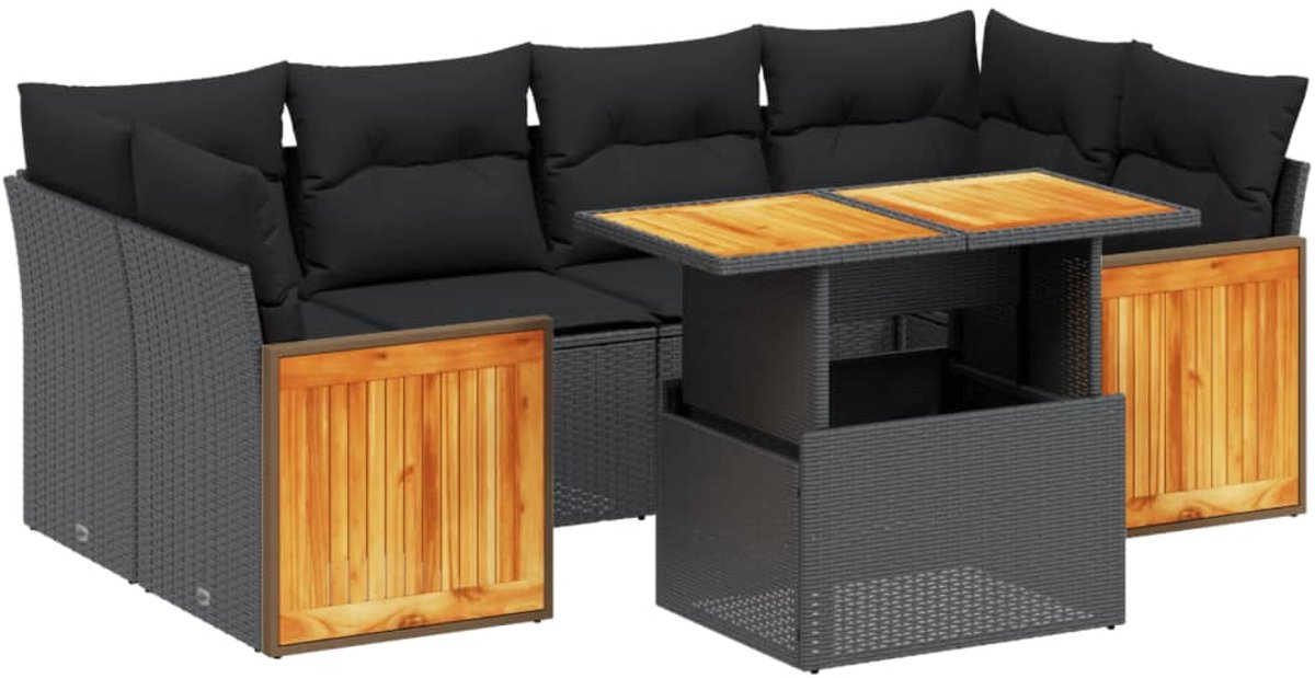 The Living Store 7-delige Loungeset met kussens poly rattan zwart - Tuinlounge - Lounge Set - Buitendiner - Loungebank - PE Rattan