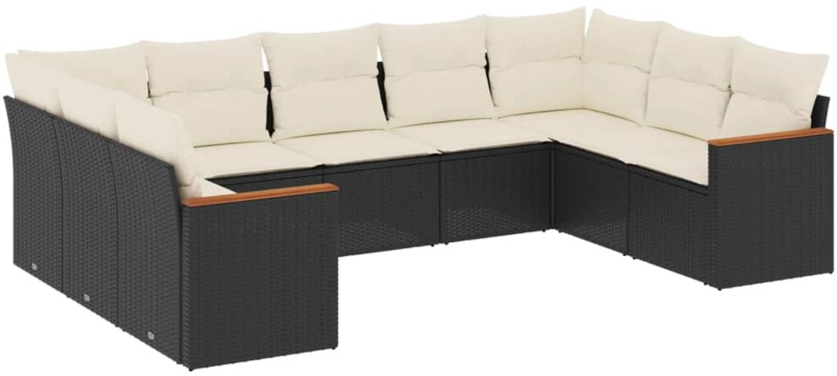 Zwarte poly rattan loungeset met kussens voor tuin en buiten.