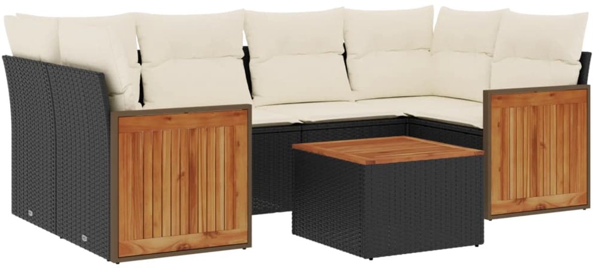 The Living Store 7-delige Loungeset met kussens poly rattan zwart - Loungeset - Tuinmeubels - Lounge Set - Buitendecoratie - Outdoor Furniture