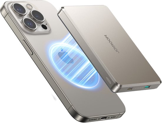 Joyroom 20W Ultra-Slim Metalen Power Bank - Geschikt voor Magsafe - Draadloos - 10000 mAh Inclusief 60W USB-C Kabel - Natural Titanium
