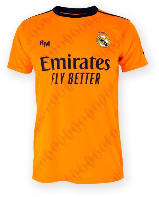 Oranje voetbalshirt met donkerblauwe kraag en opdruk 'Emirates Fly Better'.
