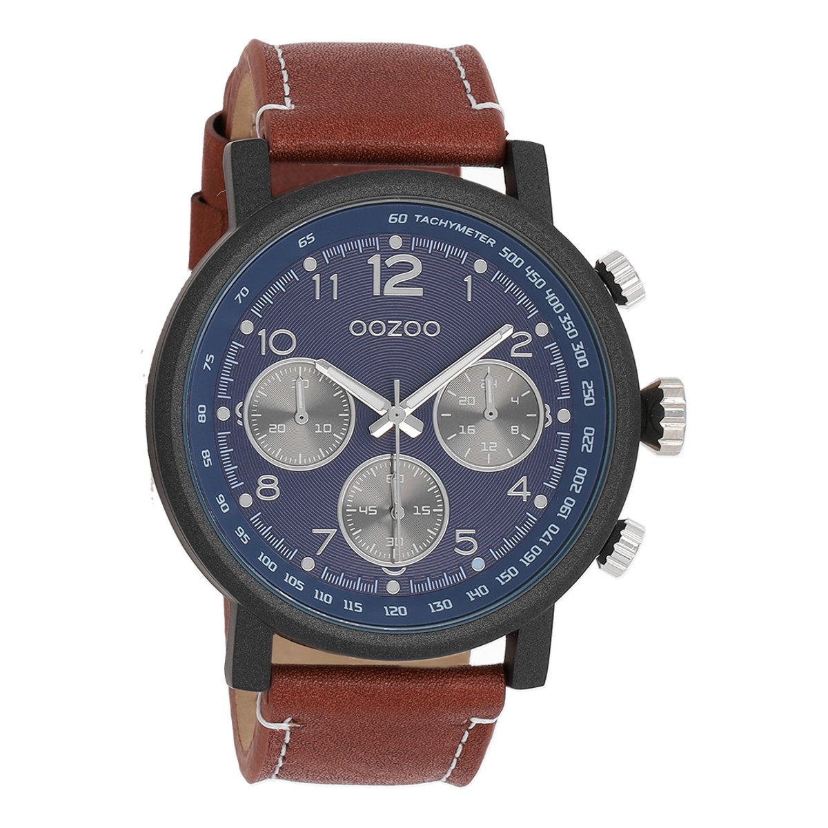 OOZOO Timepieces - Zwarte horloge met bruine leren band - C9456