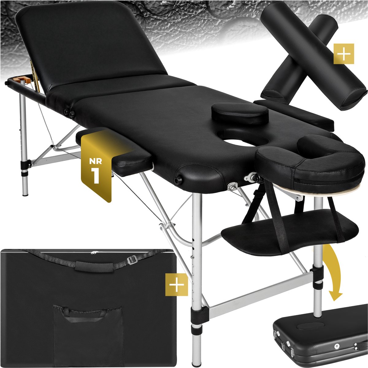 Goedkoopste tectake® 3-zone-massagetafel - Draagvermogen tot 220 kg - Mobiele massagebank - Set met rolkussens - Aluminium frame - Behandelbank - Inclusief draagtas - Cosmetische stoel - In hoogte verstelbaar - Afmeting (LxBxH) 210 x 95 x 63 - 89 cm - Zwart