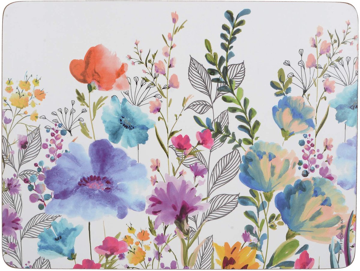 My Ninki ® Charmante Rechthoekige Placemats Met Kurken Onderkant en Meerkleurig Bloemenmotief, 30 x 23 cm