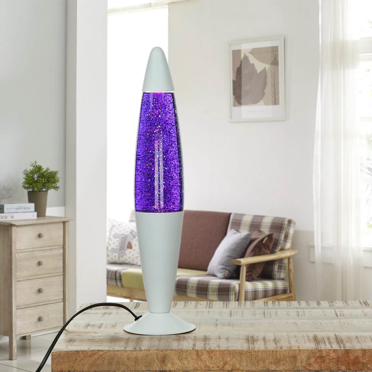 Licht-Erlebnisse - Jenny - Lavalamp - 2700K - G9 - van - Aluminium glas - in - Glitter (violet) transparant wit - Retro Tafellamp