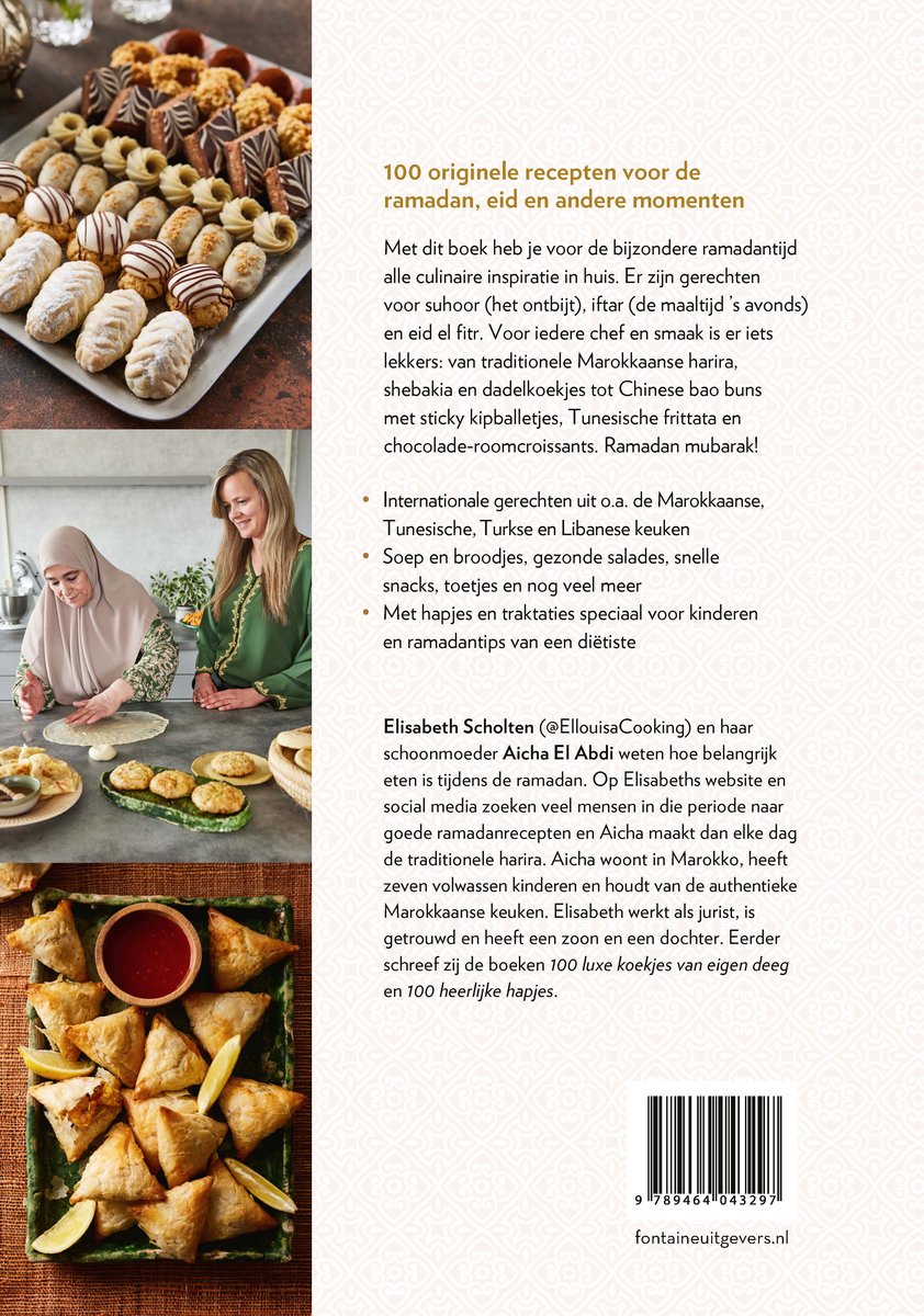 Achterkant van het boek met foto's van gebak, vrouwen die koken, en hartige hapjes.