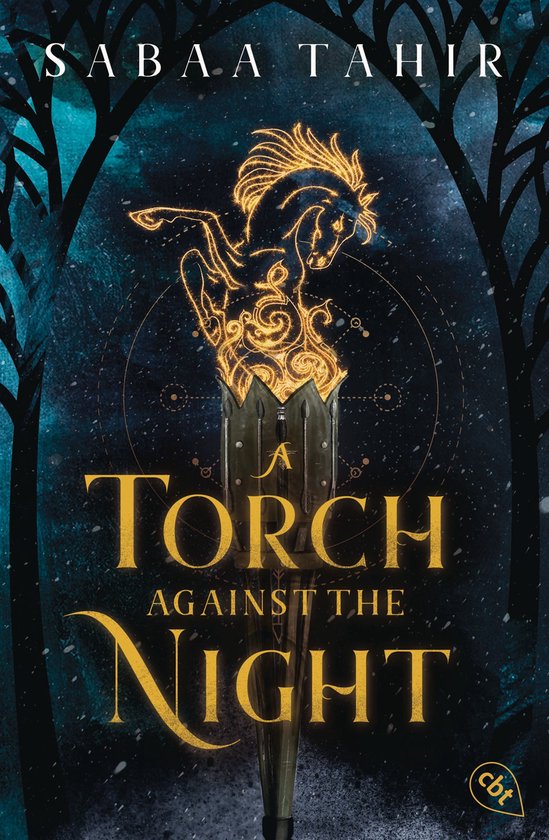 Boekcover 'A Torch Against the Night' met een fakkel en een gouden paardenfiguur.