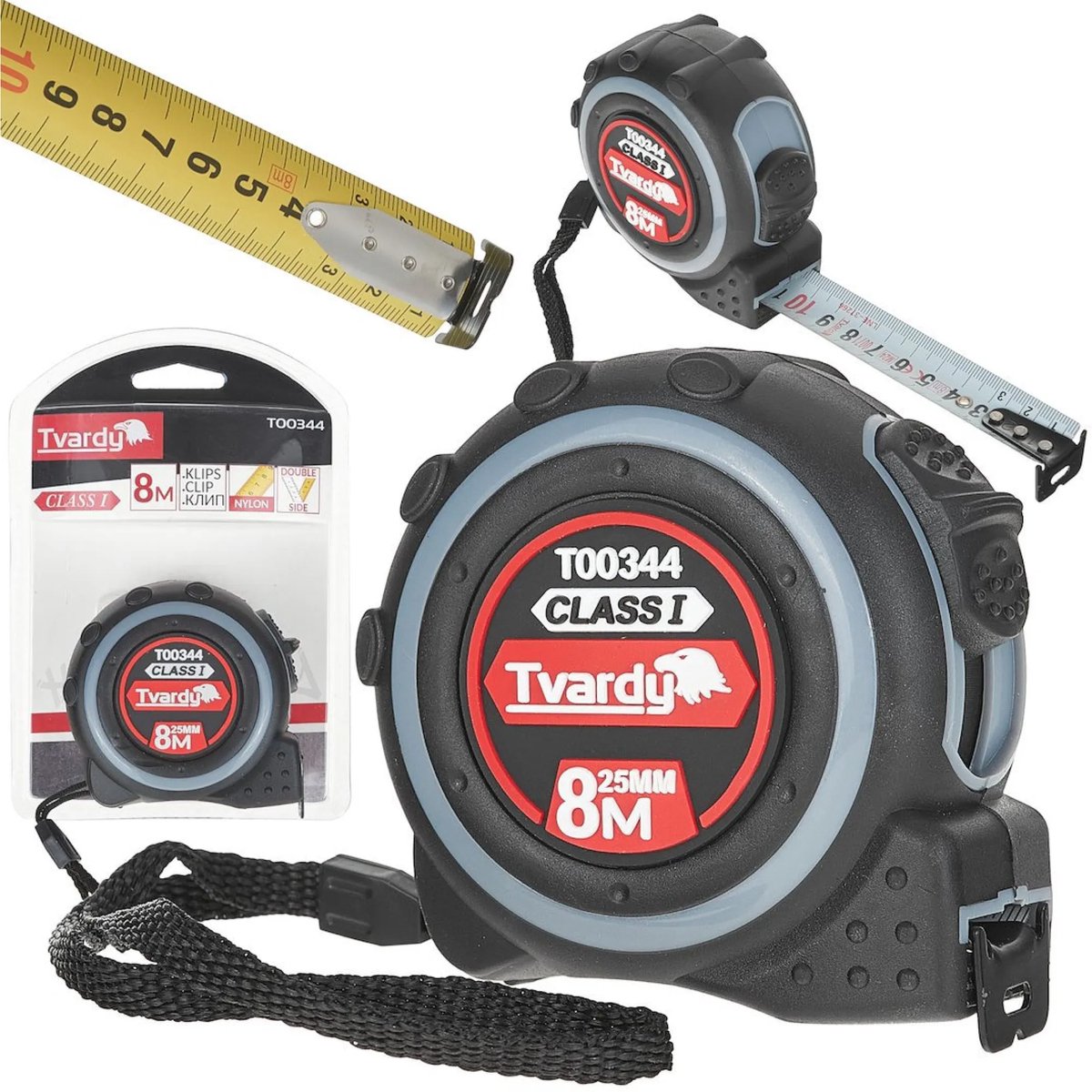 Tvardy Dubbelzijdige meetlint - 8m lengte - 25mm breedte - Klasse 1 nauwkeurigheid - Rubber behuizing