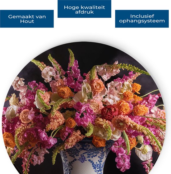 Cercle mural Saammp en bois - Fleurs abstraites dans un vase - Nature - Ø 50 - Cercle mural - Décoration murale Cercle - Décoration murale Salon - Décoration de bureau