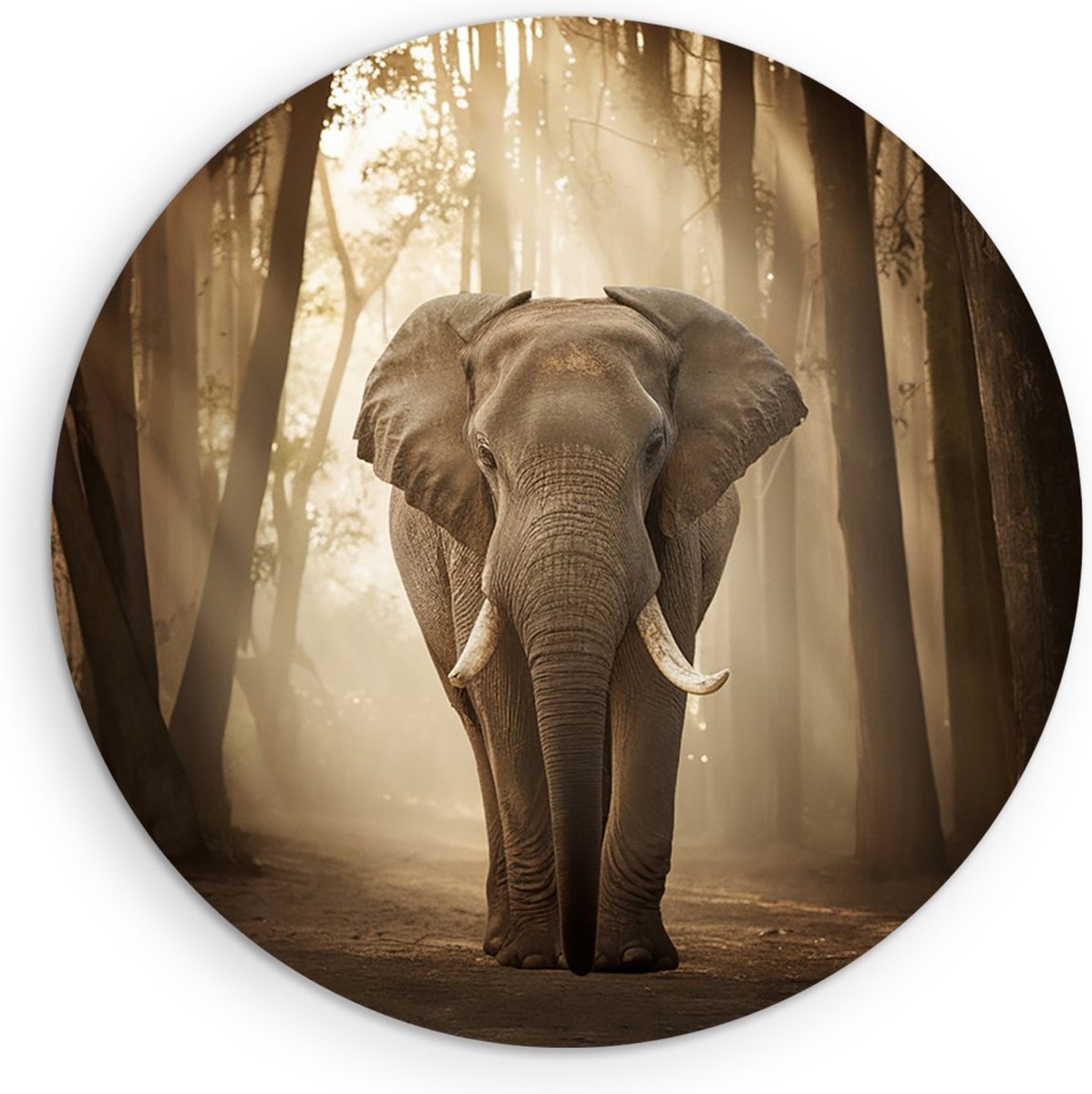 Saammp Muurcirkel Hout - olifant in het Bos - Afrika - Dieren - Ø 40 - Wandcirkel - Wanddecoratie Cirkel - muurdecoratie Woonkamer - Slaapkamer decoratie - Rond Schilderij