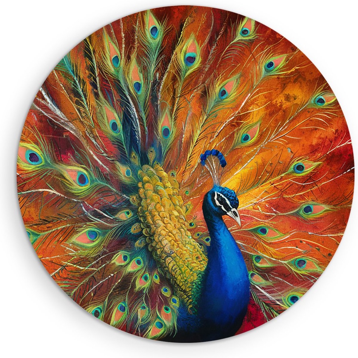 Saammp Muurcirkel Hout - Pauw - Dieren - Natuur - Ø 40 - Wandcirkel - Wanddecoratie Cirkel - muurdecoratie Woonkamer - Slaapkamer decoratie - Rond Schilderij
