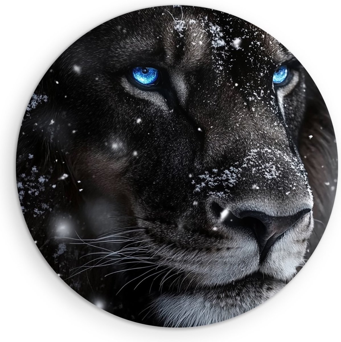 Saammp Forex Muurcirkel - Leeuw met blauwe ogen - Natuur - Dieren - Ø 50 - Wandcirkel - Wanddecoratie Cirkel - Muurdecoratie Woonkamer - Slaapkamer decoratie - Rond Schilderij