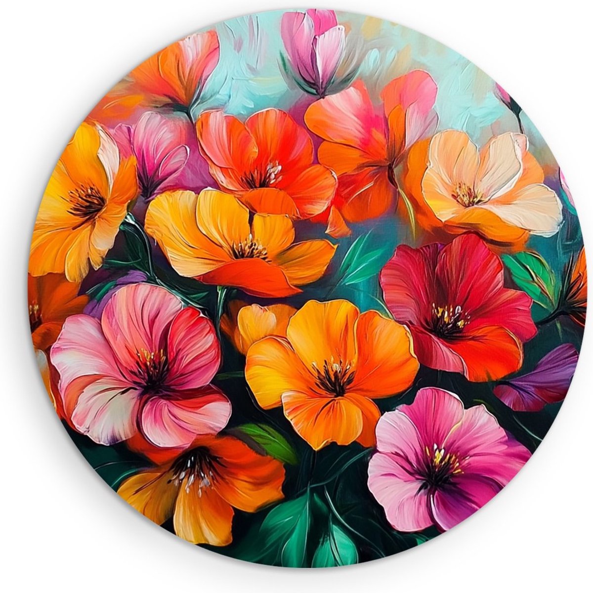 Saammp Muurcirkel Hout - Oranje Roze Gekleurde Bloemen - Natuur - Abstract - Ø 40 - Wandcirkel - Wanddecoratie Cirkel - Muurdecoratie Woonkamer - Kantoor Decoratie