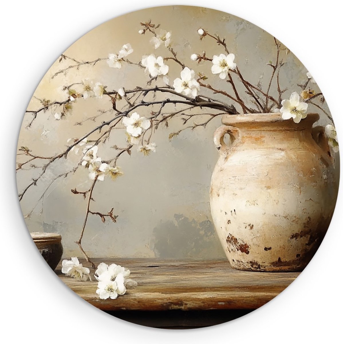 Saammp Muurcirkel Hout - Stilleven - Wit - Minimalistisch - Bloemen - Ø 70 - Wandcirkel - Wanddecoratie Cirkel - Muurdecoratie Woonkamer - Kantoor Decoratie