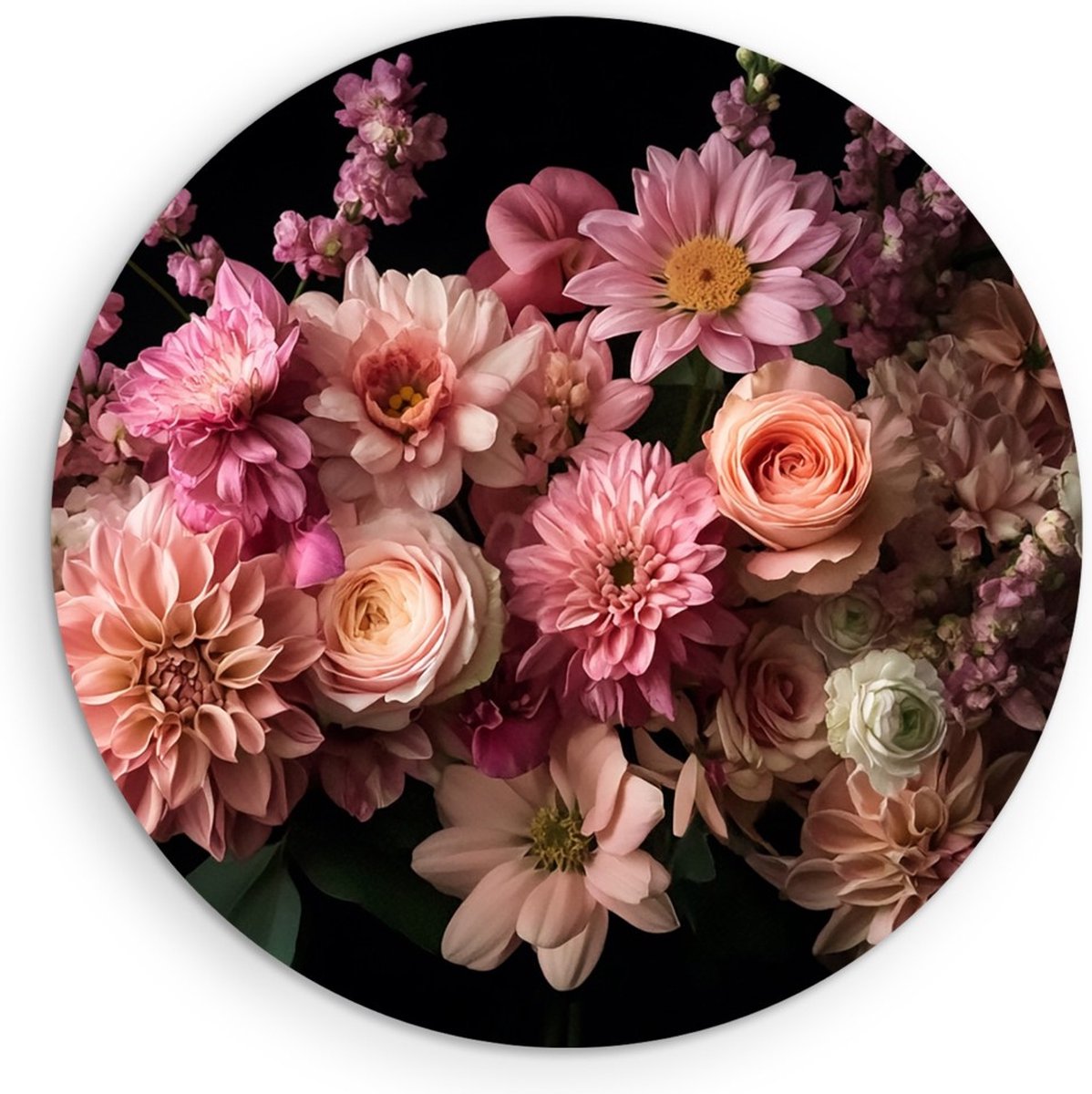 Saammp Muurcirkel Hout - Roze Bloemenboeket in Klassieke Stijl - Luxe Cadeau - Wandcirkel - Geschikt voor Slaapkamer en Woonkamer - Ø 60