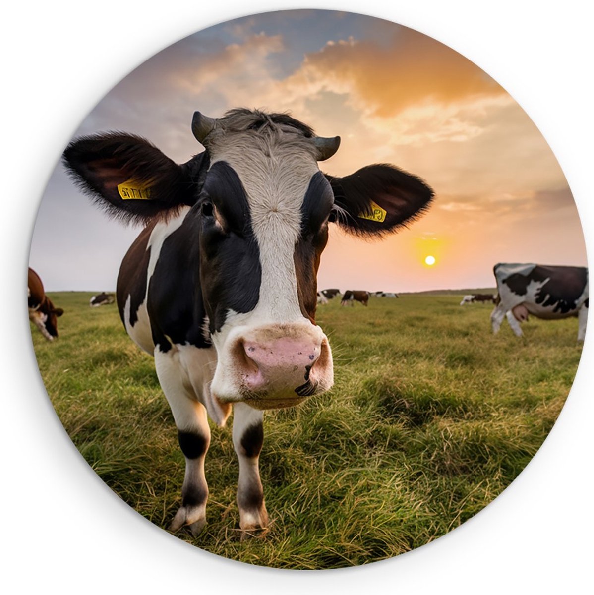 Saammp Muurcirkel Hout - Koe in de wei met zonsondergang - Natuur - Dieren - Ø 80 - Wandcirkel - Wanddecoratie Cirkel - Muurdecoratie Woonkamer - Slaapkamer decoratie - Rond Schilderij