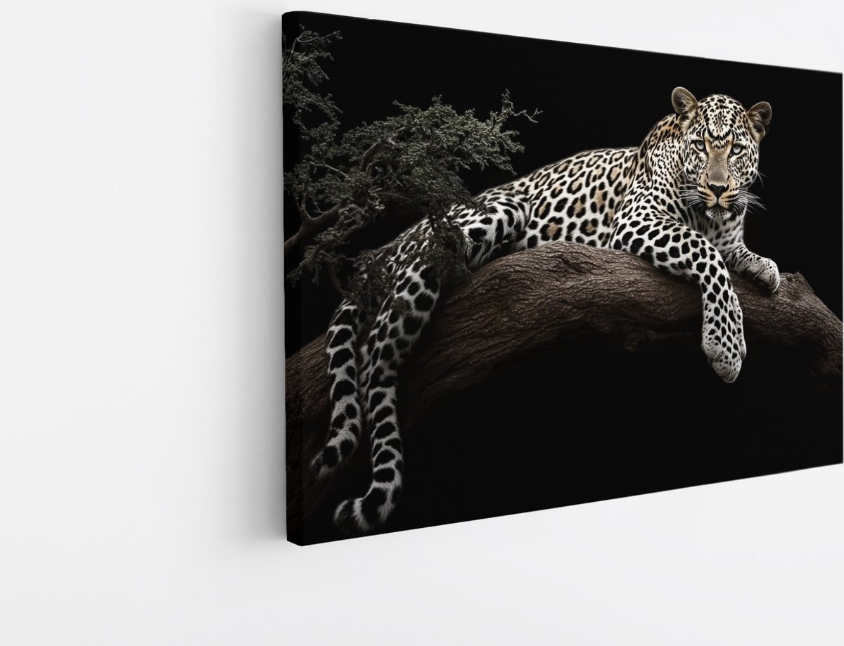 Saammp Canvas Schilderij - Panter ligt op een steen - Natuur - Dieren - 100x75 - Foto op canvas - Wanddecoratie - Muurdecoratie Woonkamer - Slaapkamer decoratie - Canvas Print Multicolor