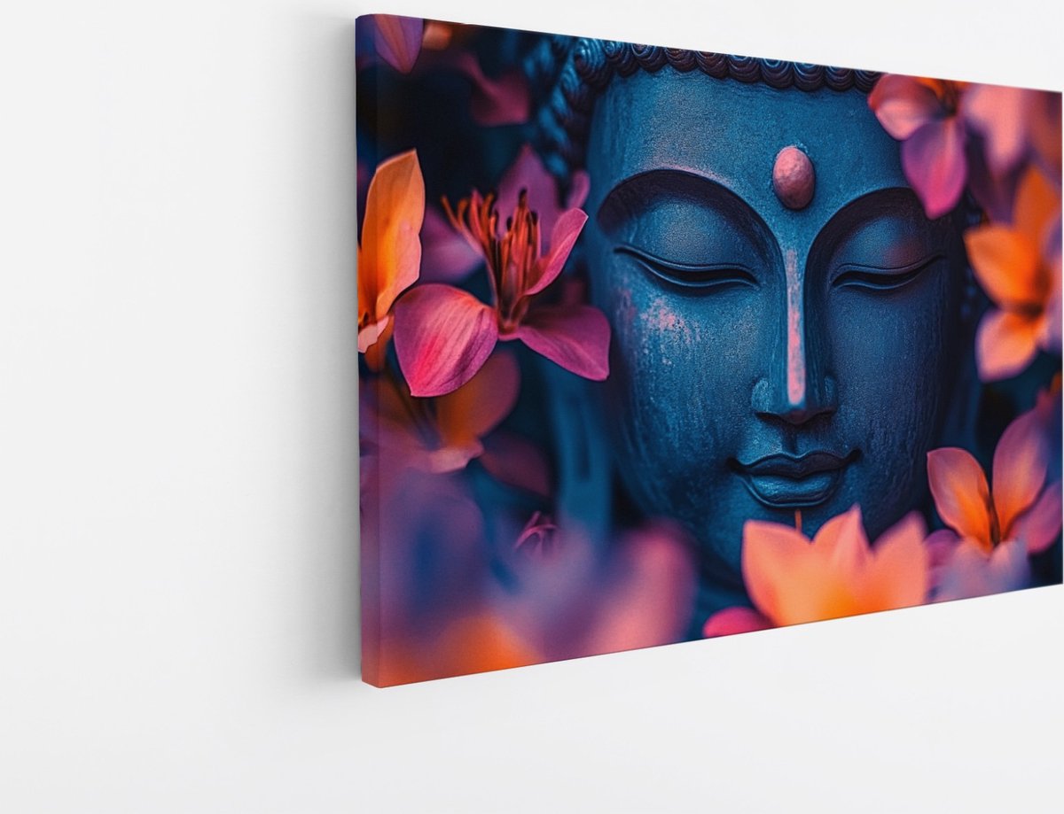 Saammp Canvas Schilderij - Boeddha tussen de bloemen - 40x30 - Foto op canvas - Wanddecoratie - Muurdecoratie Woonkamer - Canvas schilderijen Multicolor