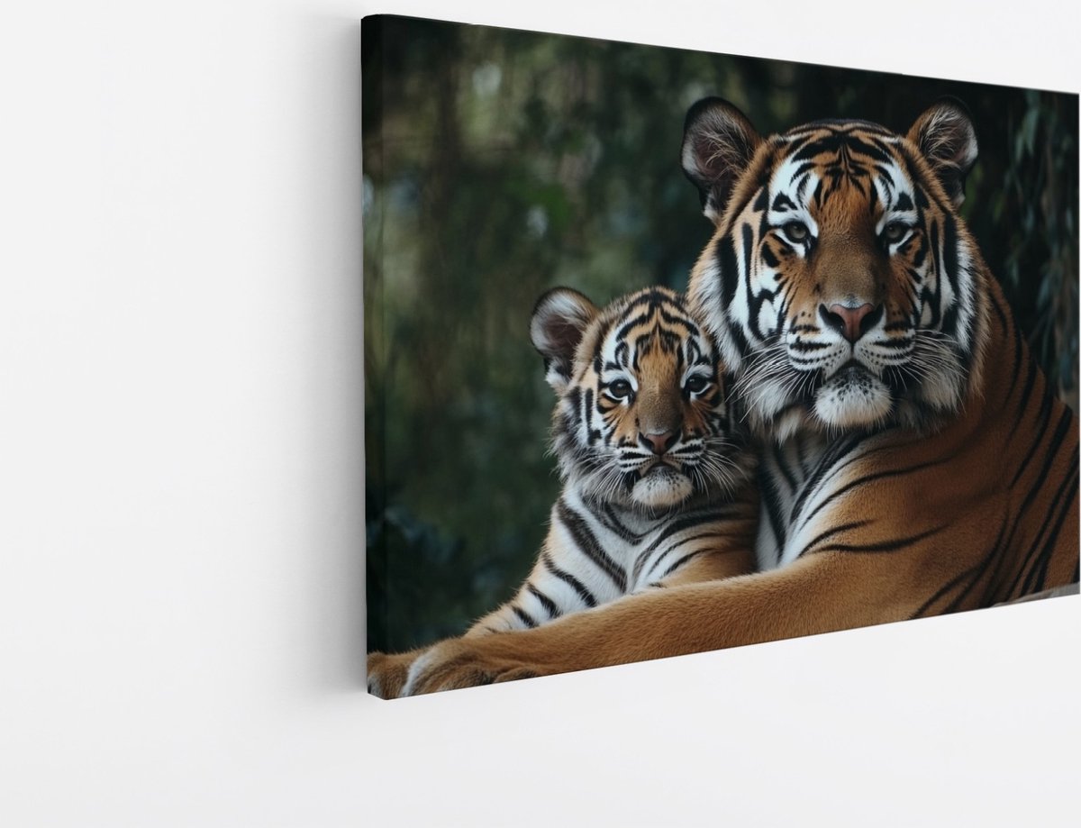 Saammp Canvas Schilderij - Tijger welp met moeder - Natuur - Dieren - 100x75 - Foto op canvas - Wanddecoratie - muurdecoratie Woonkamer - Slaapkamer decoratie - Canvas Print Multicolor