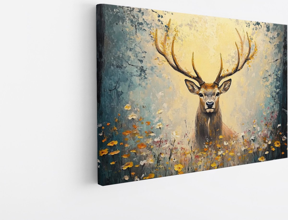 Saammp Canvas Schilderij - Abstract hert tussen de bloemen - Natuur - Dieren - 50x40 - Foto op canvas - Wanddecoratie - Muurdecoratie Woonkamer - Slaapkamer decoratie - Canvas Print Multicolor